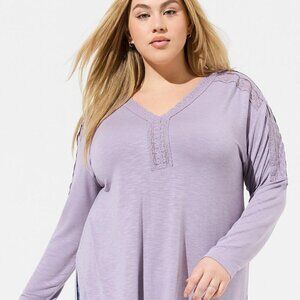 Torrid - Super Soft Slub Long Sleeve Drop Shoulder Lace Yoke Top, "Dusk" Purple 